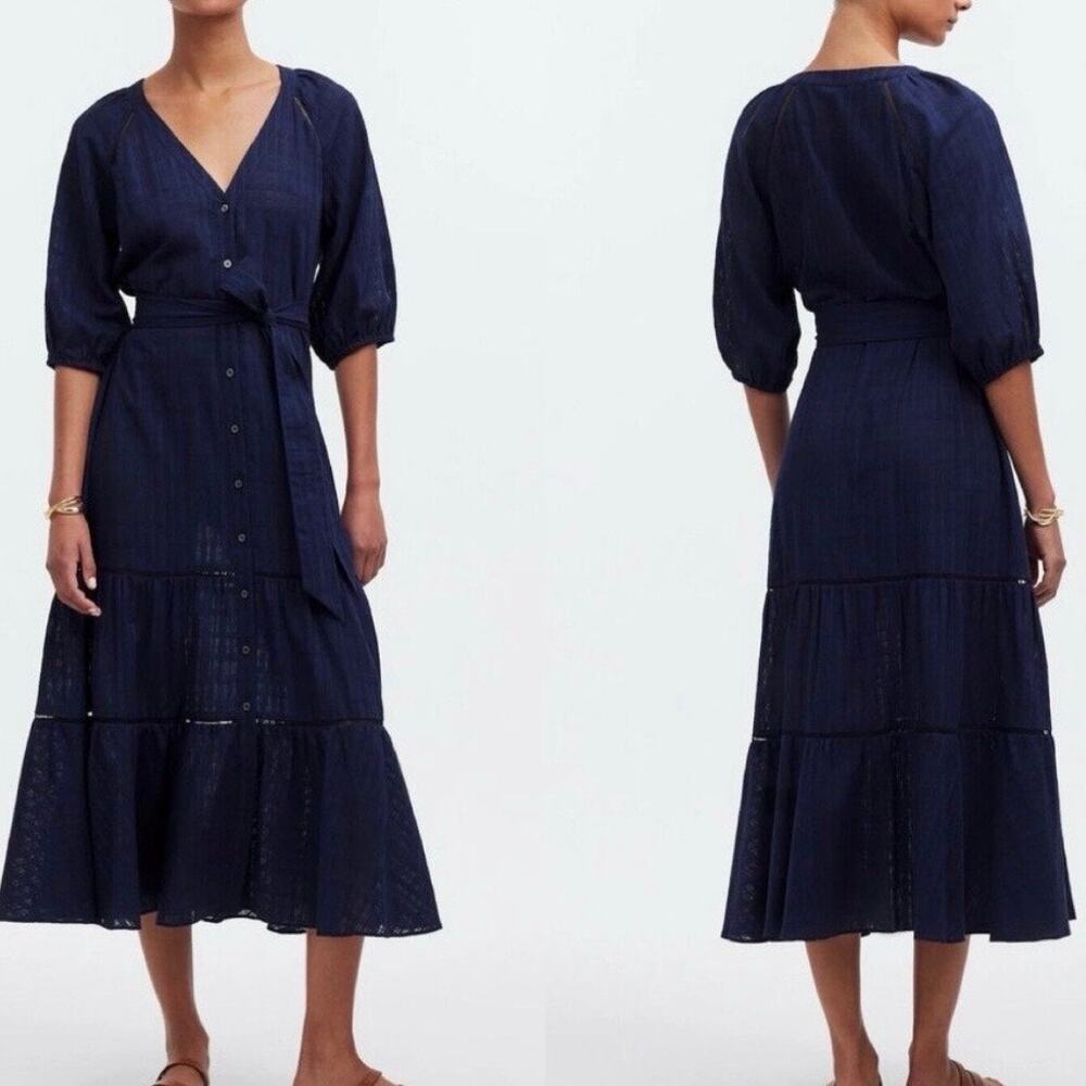 madewell tie-waist tiered midi dress in windowpane navy ns139 women size 0